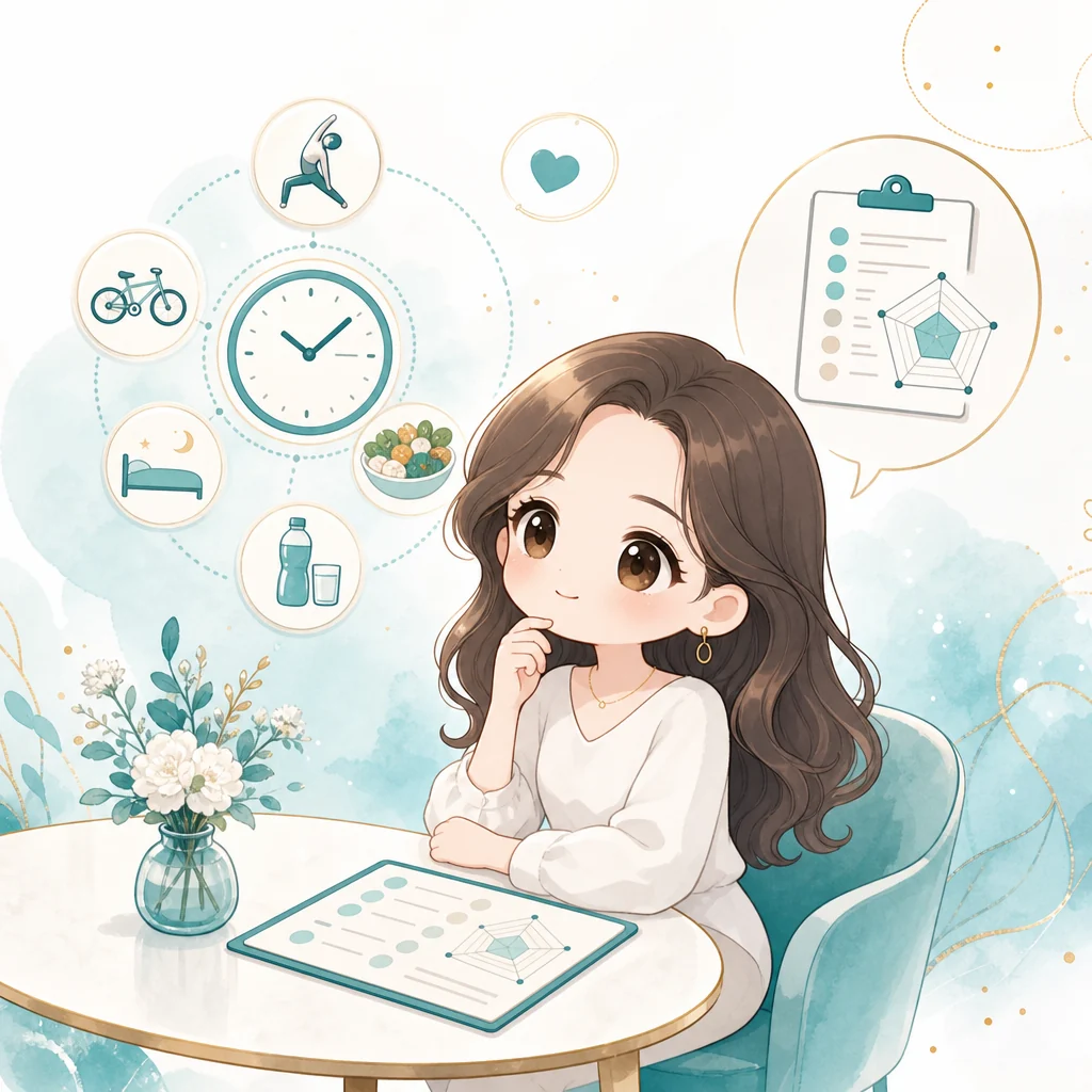 漫畫風格的健康管理諮詢情境示意圖,呈現生活紀錄與身體組成資料討論