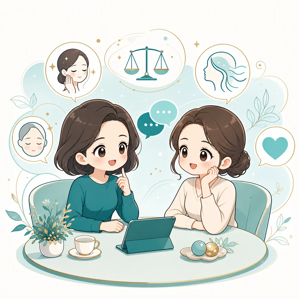 漫畫風格的整合照護諮詢情境示意圖,呈現以筆記與抽象圖卡討論照護方向