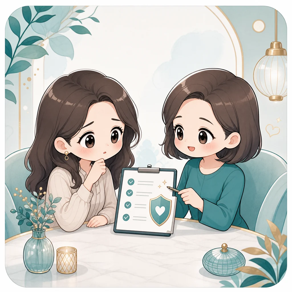 漫畫風格的安全評估諮詢情境示意圖,呈現以檢核表與行事曆討論適合度