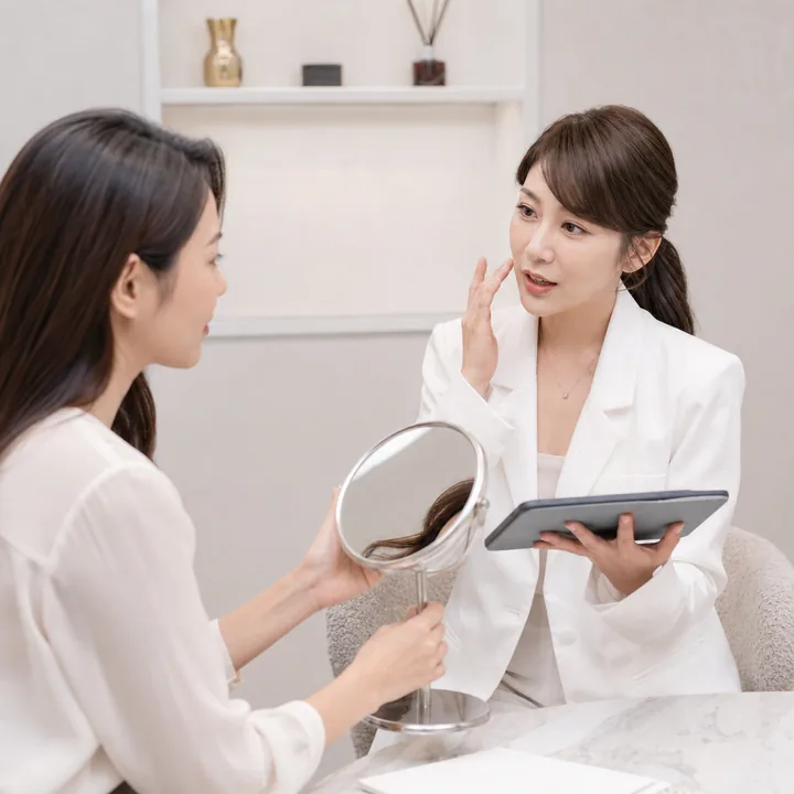 醫美療程評估諮詢情境，醫療人員與個案討論膚況與外觀需求